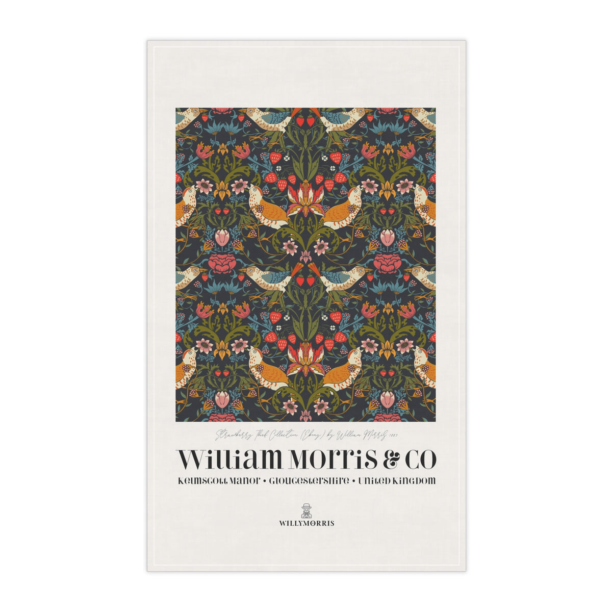 Kitchen Tea Towel designed by William Morris & Co in a red, blue, green and yellow floral pattern called Strawberry Thief Collection - Art Print on a Tea Towel