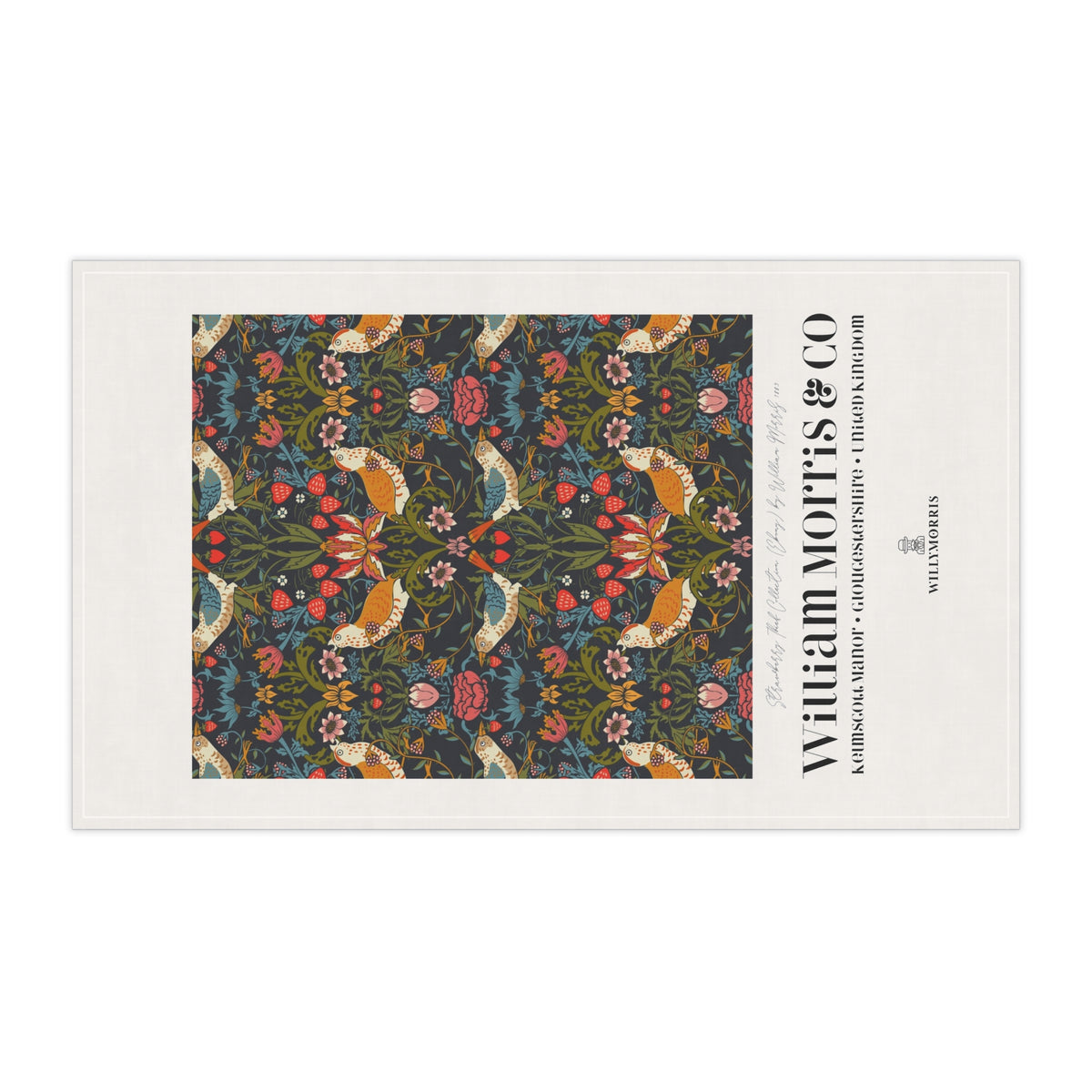 Kitchen Tea Towel designed by William Morris & Co in a red, blue, green and yellow floral pattern called Strawberry Thief Collection - Art Print on a Tea Towel