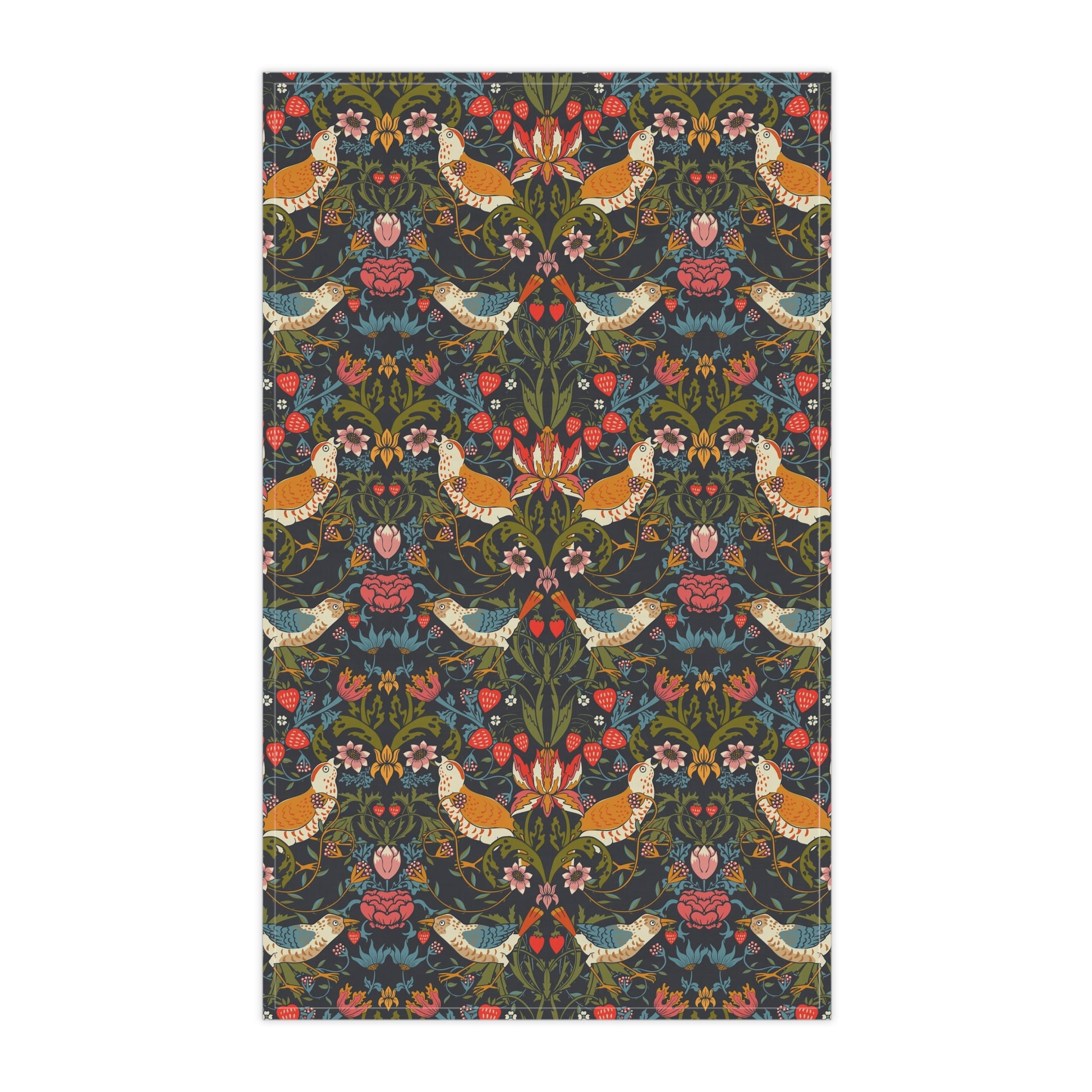 A kitchen tea towel with a repeating pattern featuring birds, flowers, and leaves in dark background, inspired by William Morris' Strawberry Thief design.