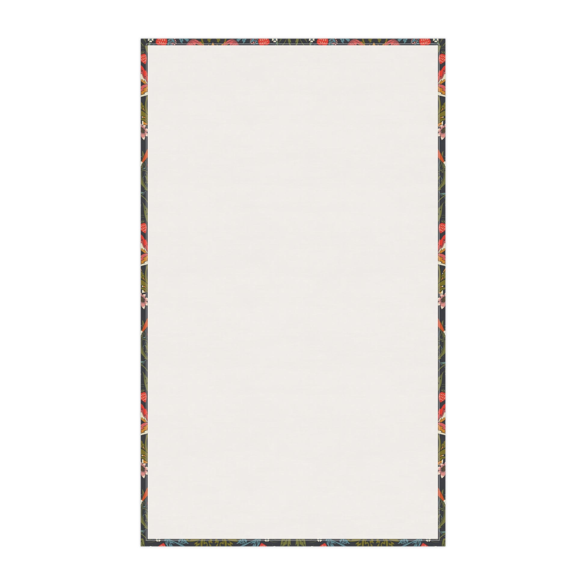 A kitchen tea towel with a repeating pattern featuring birds, flowers, and leaves in dark background, inspired by William Morris' Strawberry Thief design.