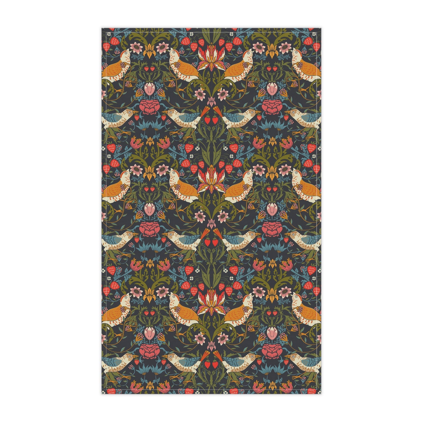 A kitchen tea towel with a repeating pattern featuring birds, flowers, and leaves in dark background, inspired by William Morris' Strawberry Thief design.