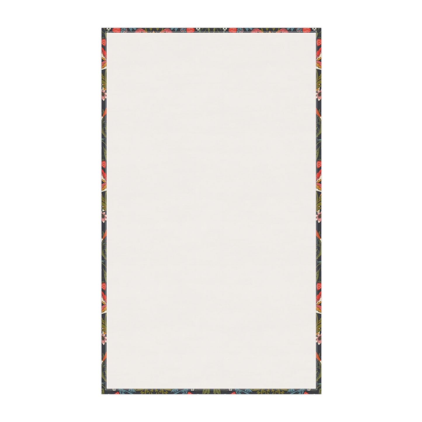 A kitchen tea towel with a repeating pattern featuring birds, flowers, and leaves in dark background, inspired by William Morris' Strawberry Thief design.