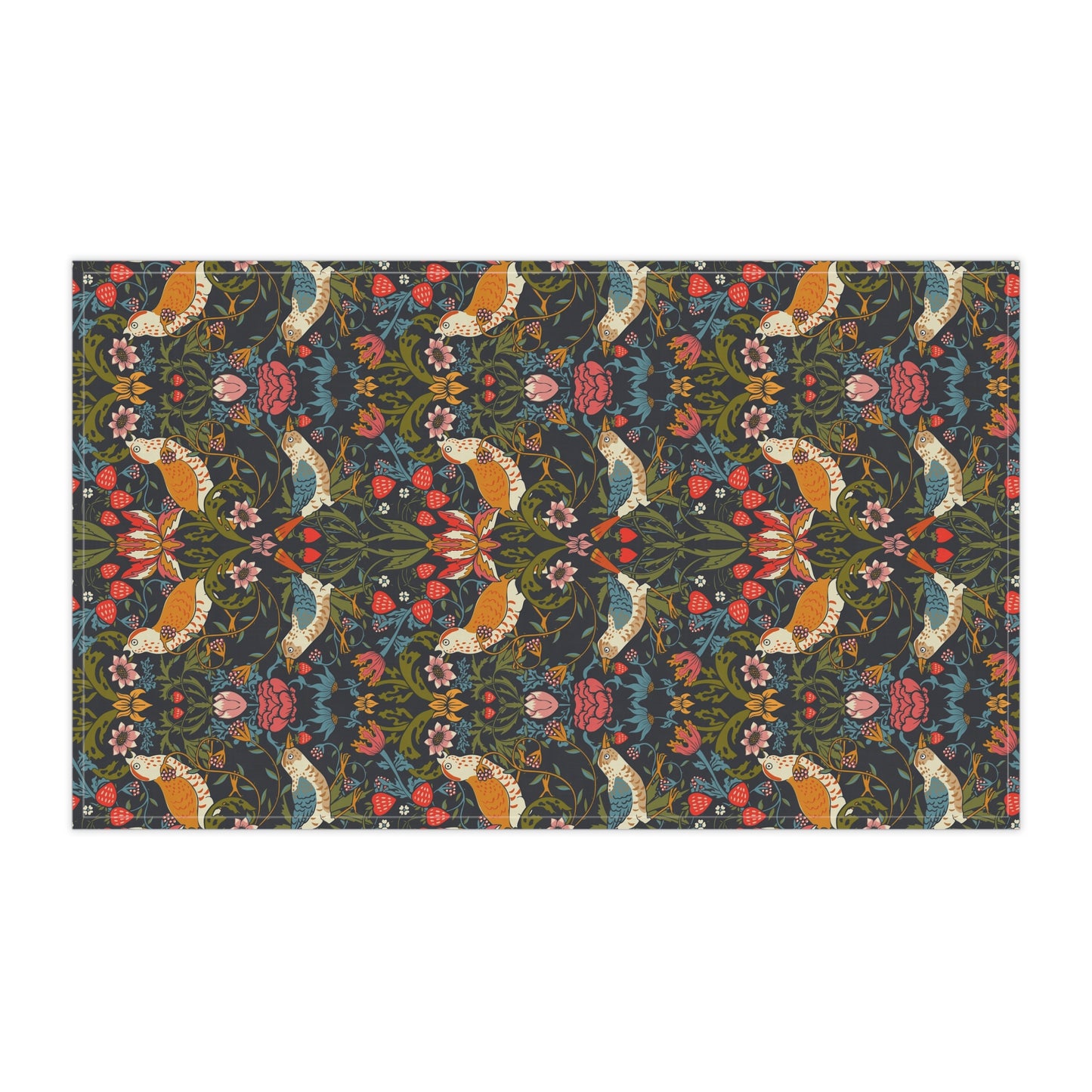 A kitchen tea towel with a repeating pattern featuring birds, flowers, and leaves in dark background, inspired by William Morris' Strawberry Thief design.
