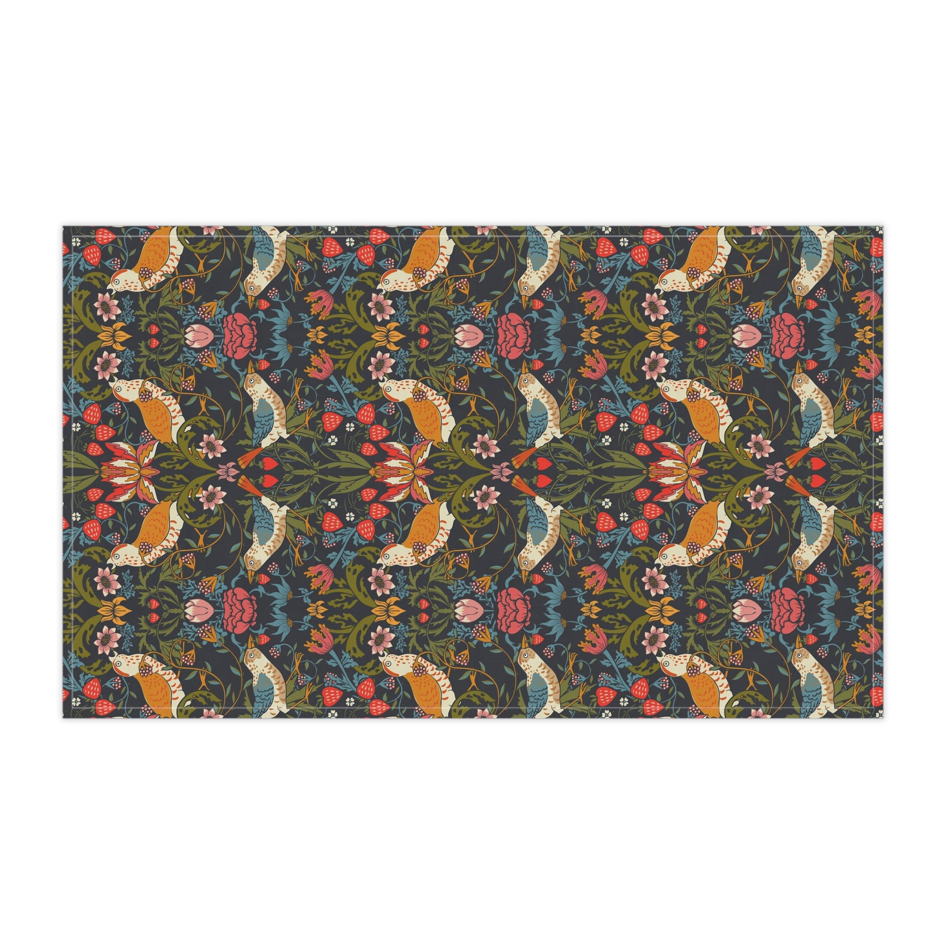 A kitchen tea towel with a repeating pattern featuring birds, flowers, and leaves in dark background, inspired by William Morris' Strawberry Thief design.