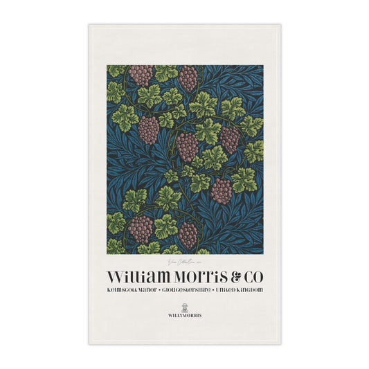 Decorative tea towel with William Morris & Co design on a white background