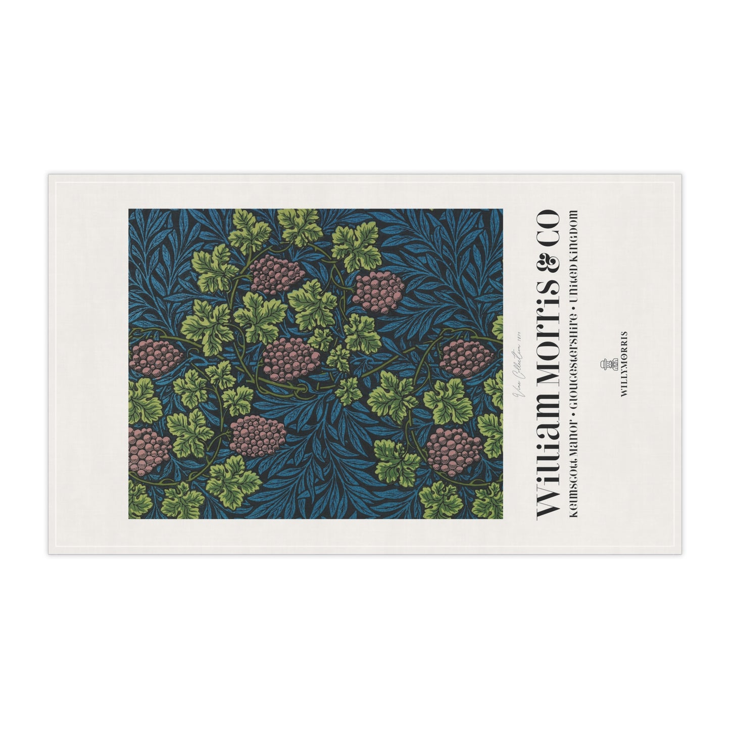 Decorative tea towel with floral design and 'William Morris & Co' branding on a white background