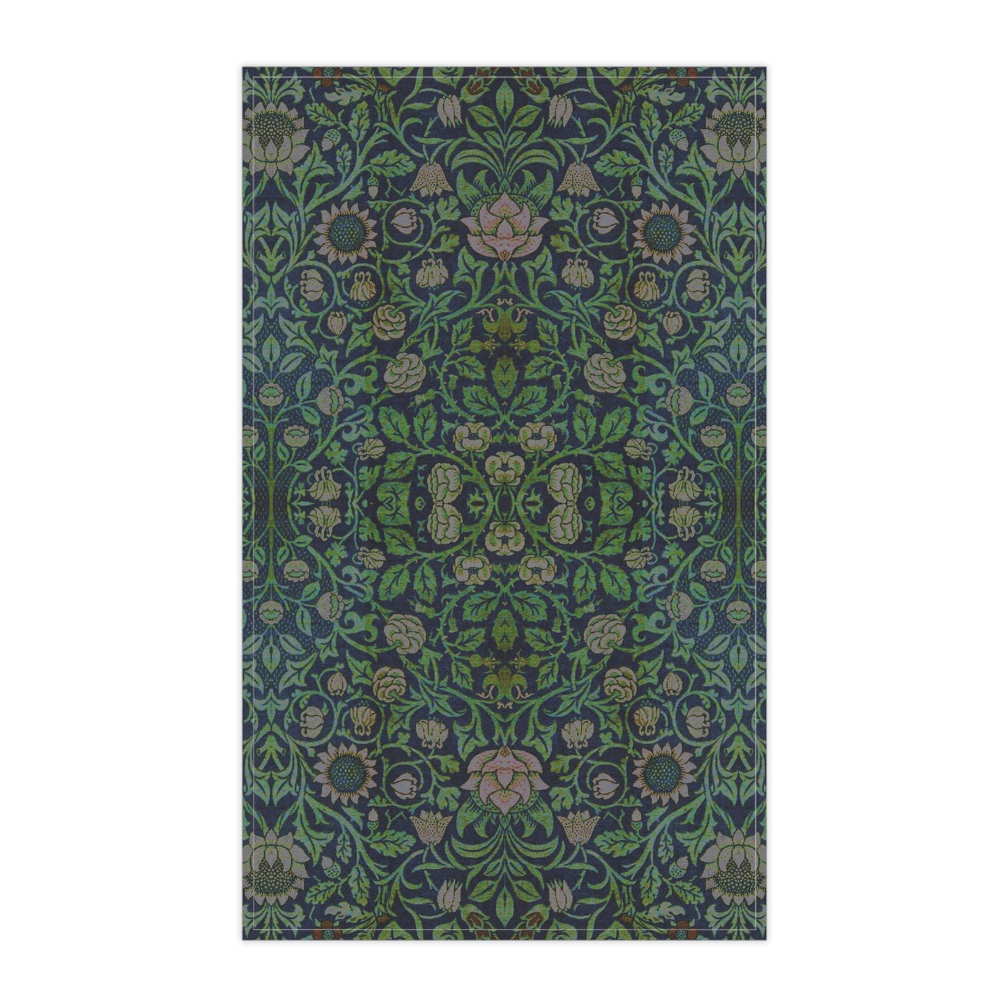 A kitchen tea towel with a green and violet floral pattern inspired by William Morris - Violet and Columbine Collection.