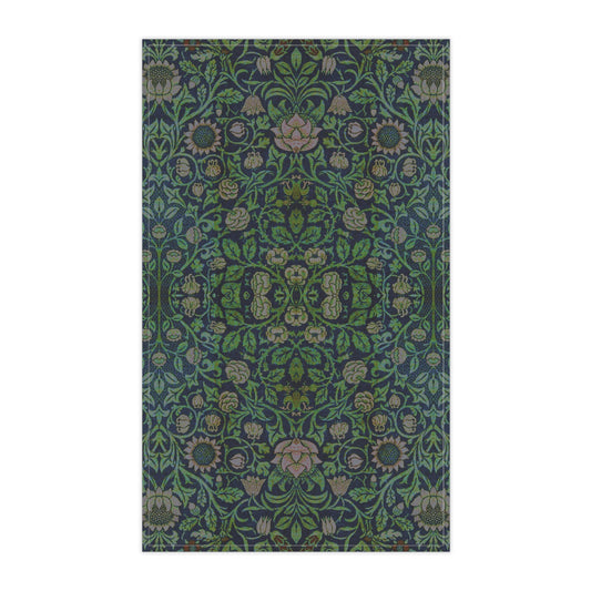 A kitchen tea towel with a green and violet floral pattern inspired by William Morris - Violet and Columbine Collection.