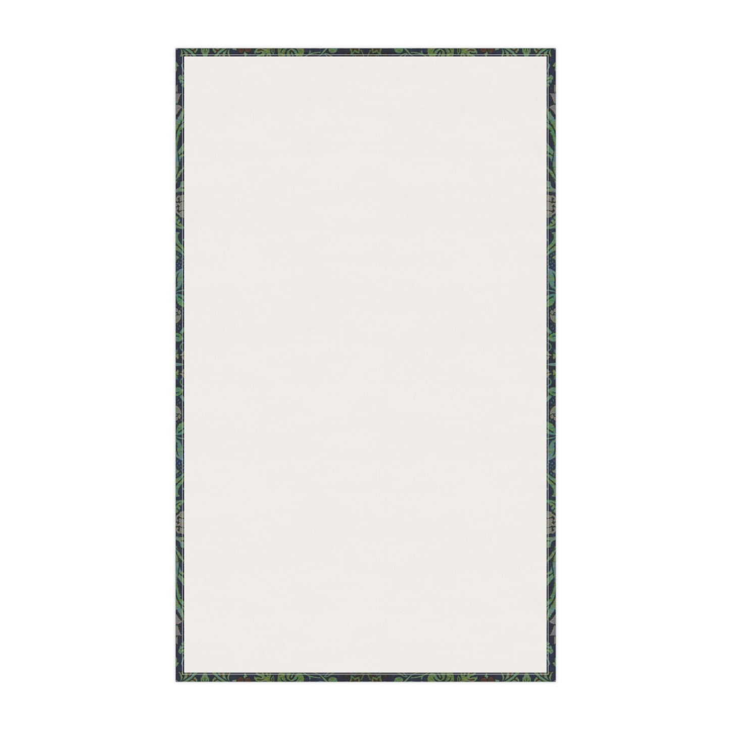 A kitchen tea towel with a green and violet floral pattern inspired by William Morris - Violet and Columbine Collection.