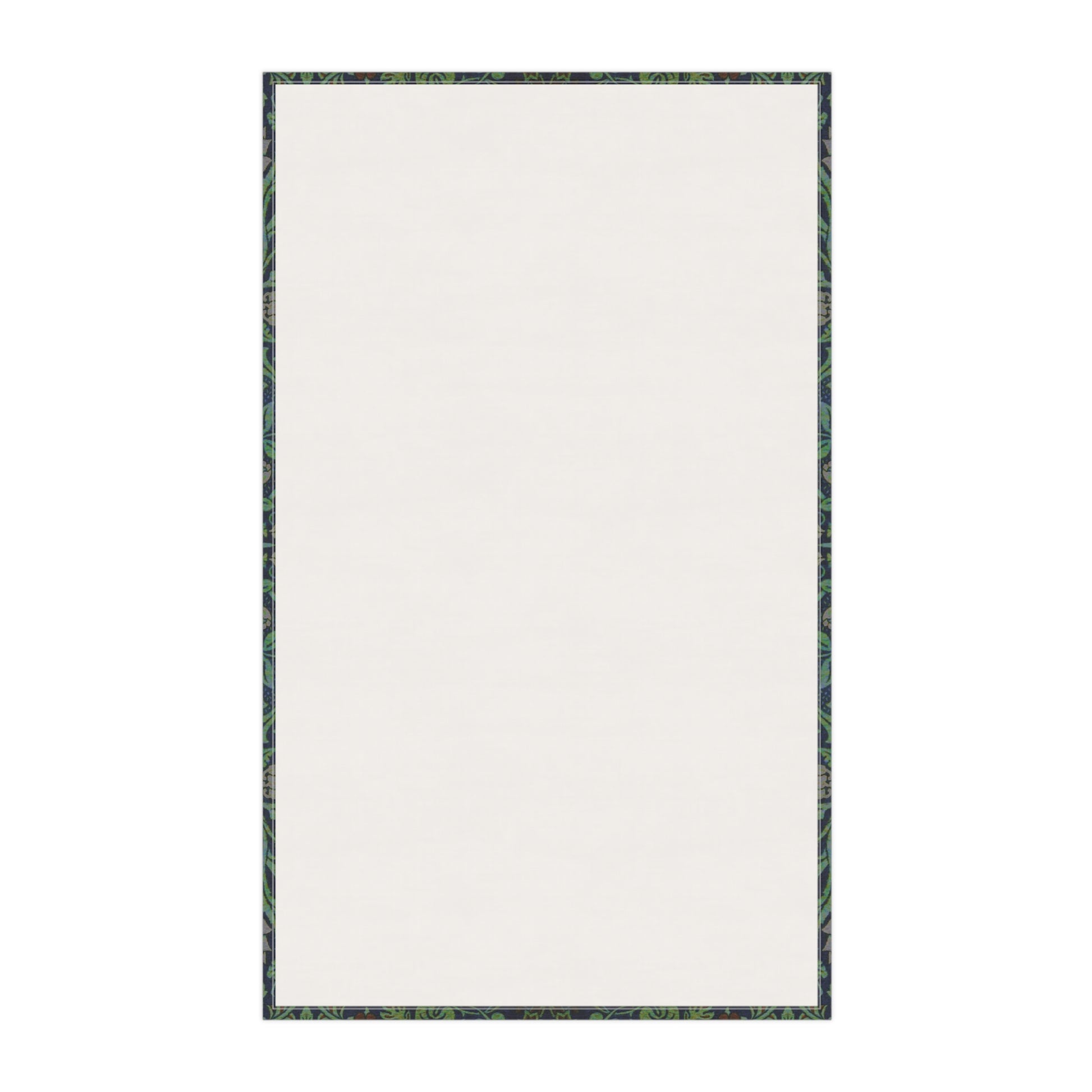 A kitchen tea towel with a green and violet floral pattern inspired by William Morris - Violet and Columbine Collection.