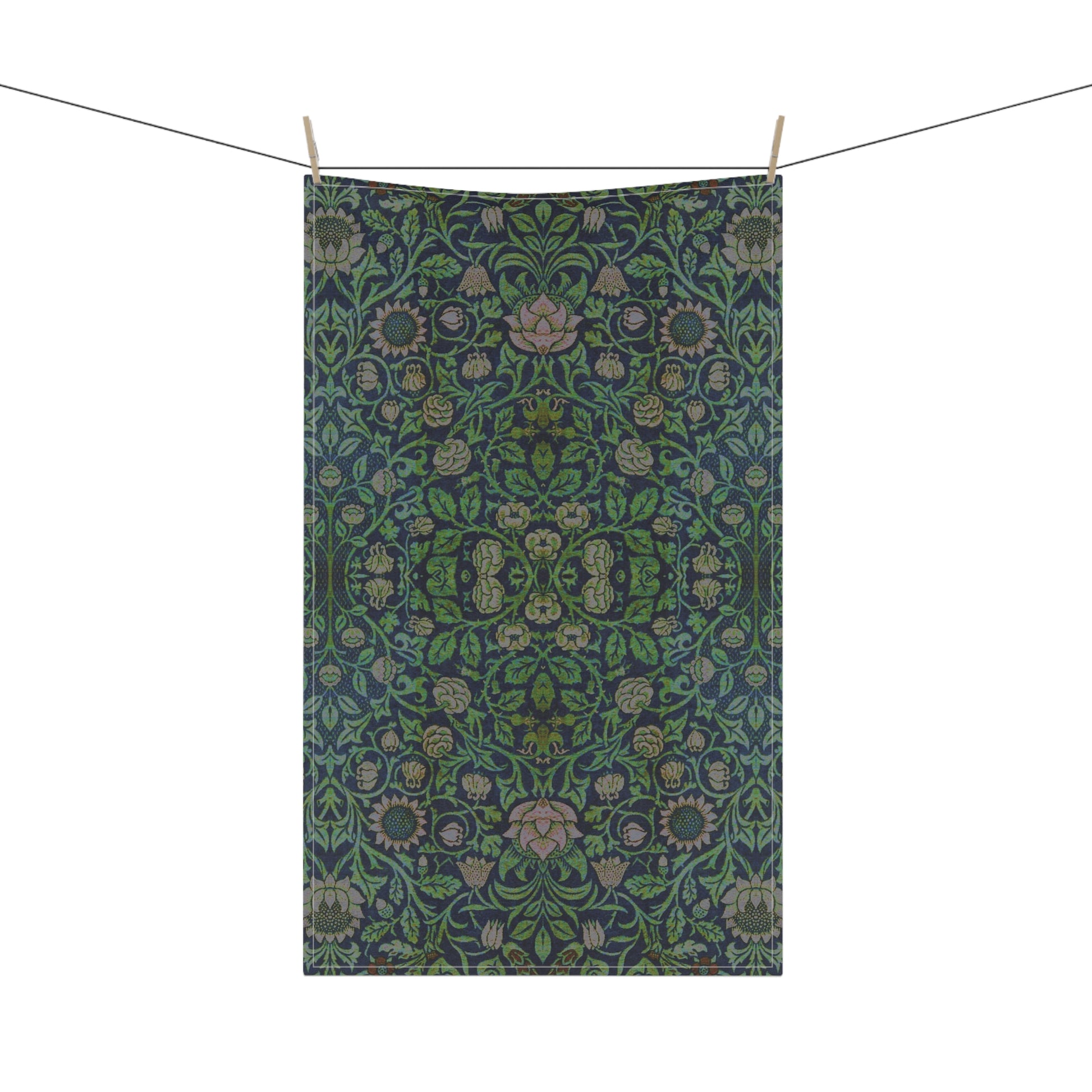 A kitchen tea towel with a green and violet floral pattern inspired by William Morris - Violet and Columbine Collection.