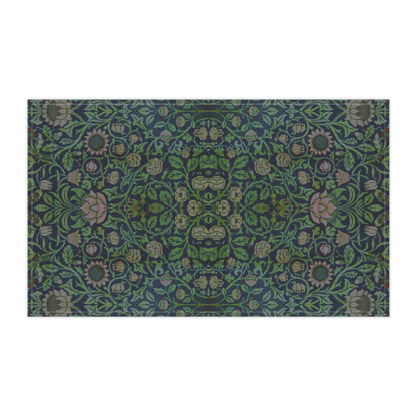 A kitchen tea towel with a green and violet floral pattern inspired by William Morris - Violet and Columbine Collection.