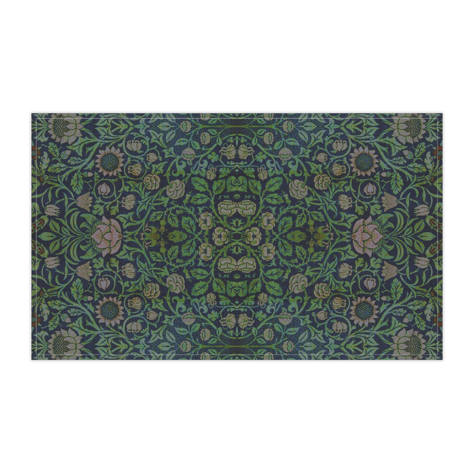 A kitchen tea towel with a green and violet floral pattern inspired by William Morris - Violet and Columbine Collection.