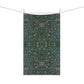 A kitchen tea towel with a green and violet floral pattern inspired by William Morris - Violet and Columbine Collection.