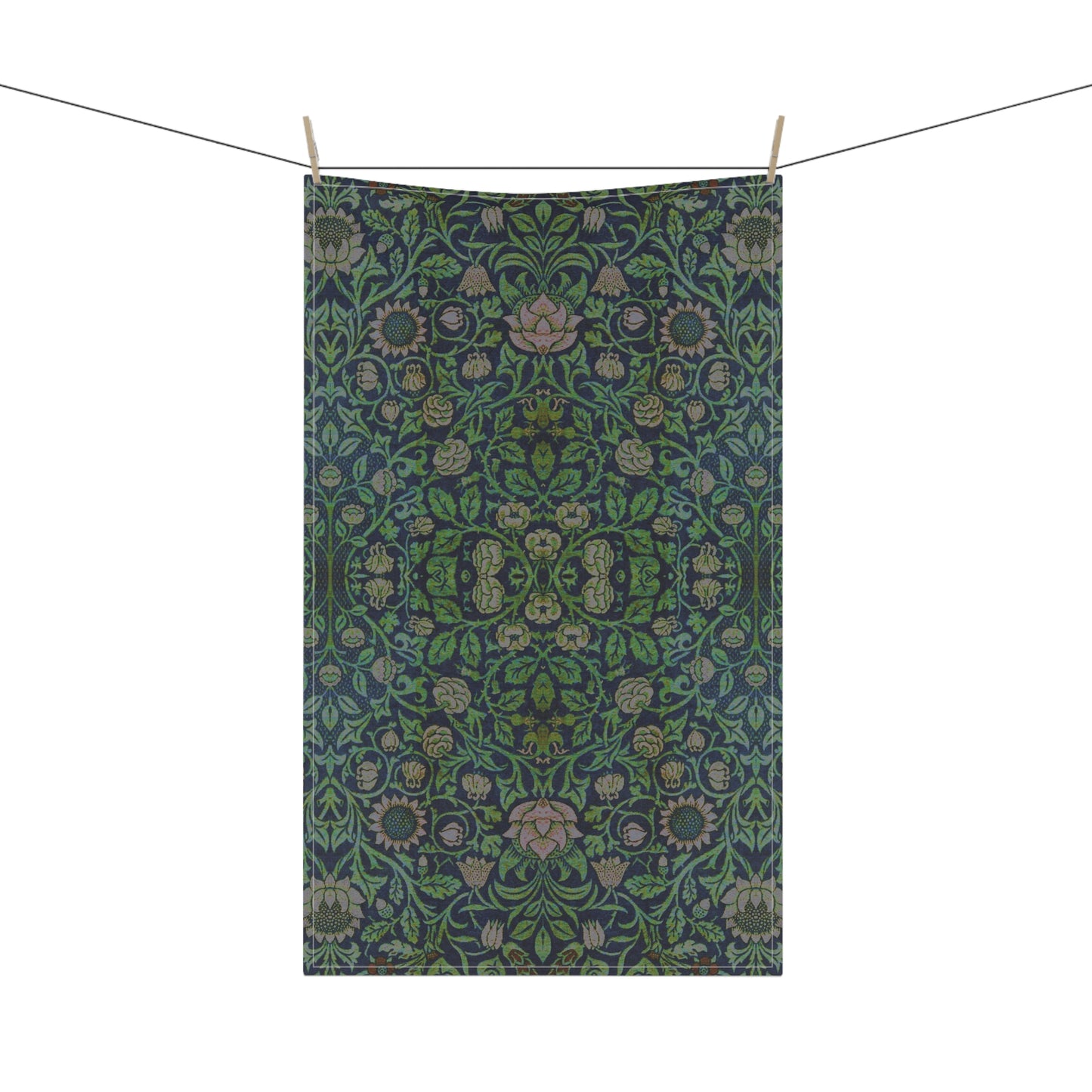 A kitchen tea towel with a green and violet floral pattern inspired by William Morris - Violet and Columbine Collection.