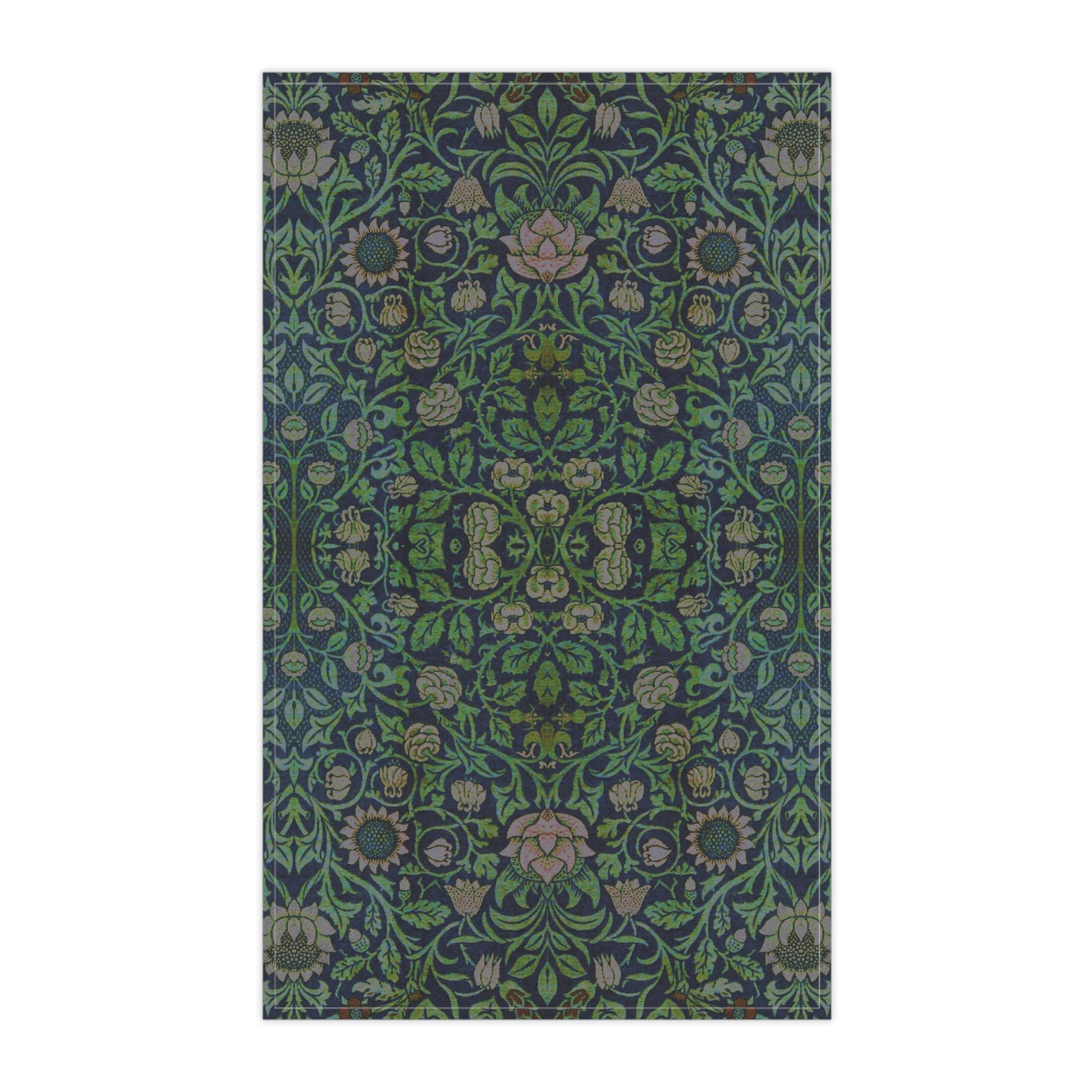 A kitchen tea towel with a green and violet floral pattern inspired by William Morris - Violet and Columbine Collection.