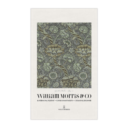 Tea towel with floral pattern and 'William Morris & Co' branding on a white background