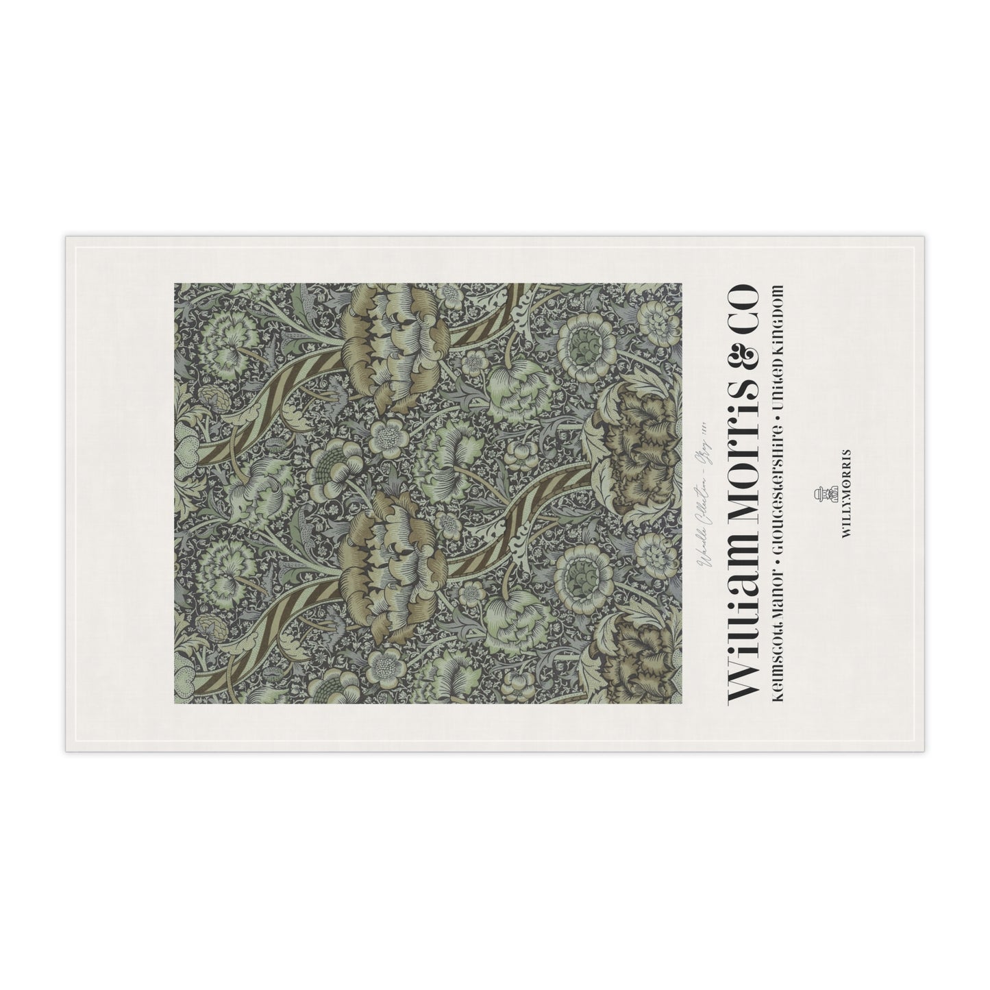 Decorative tea towel with floral pattern and 'William Morris & Co' branding on a white background