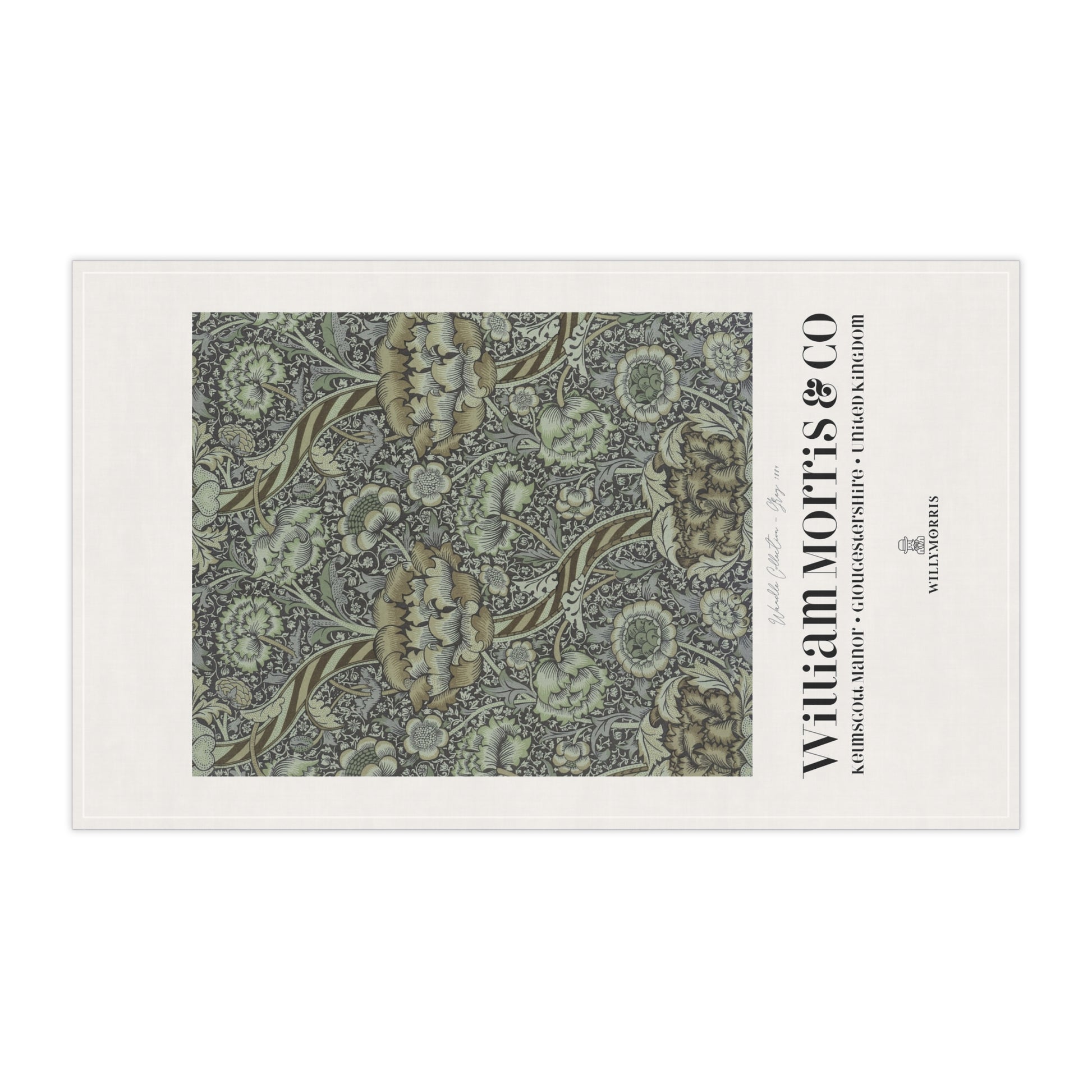 Decorative tea towel with floral pattern and 'William Morris & Co' branding on a white background