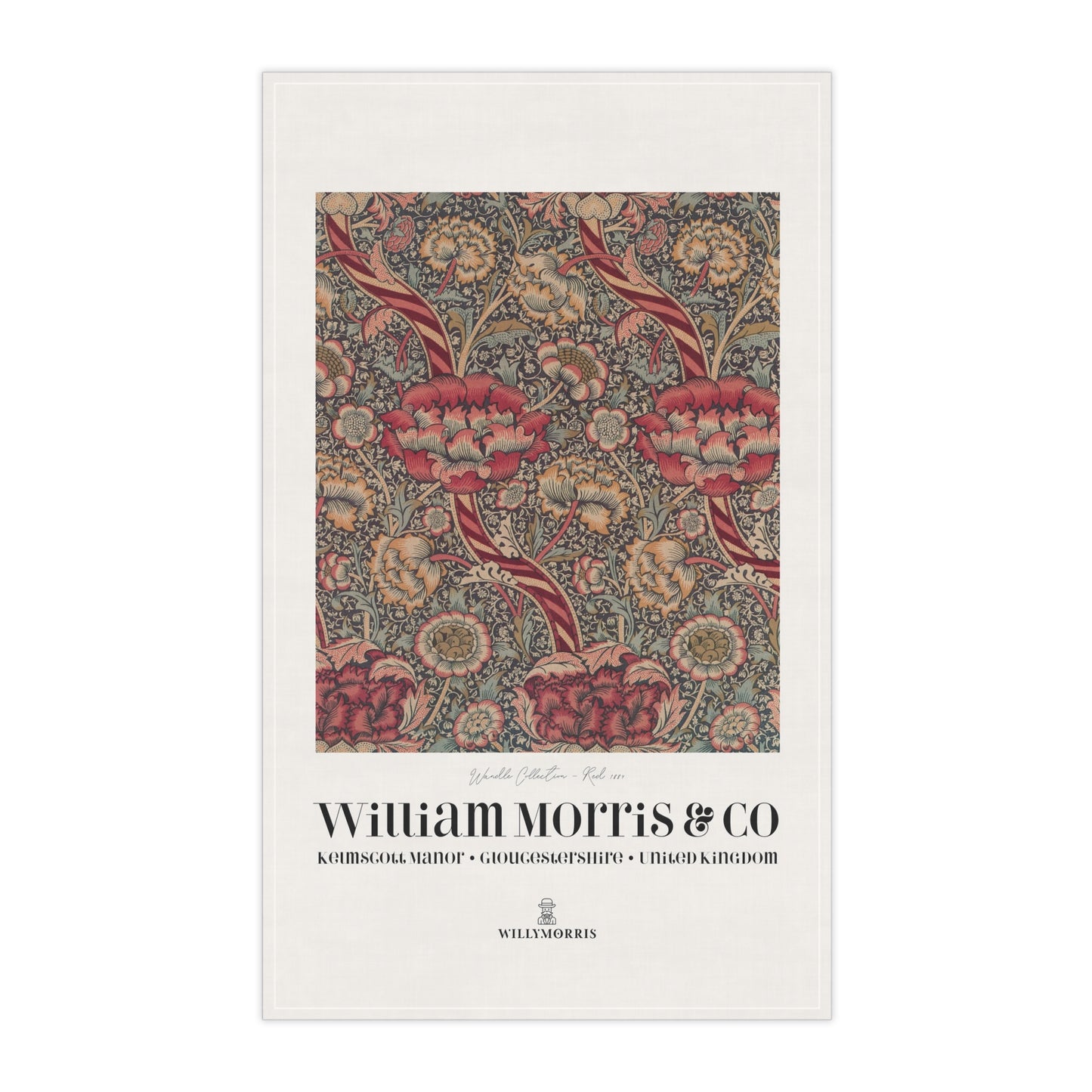 Tea towel with floral pattern and 'William Morris & Co' branding on a white background