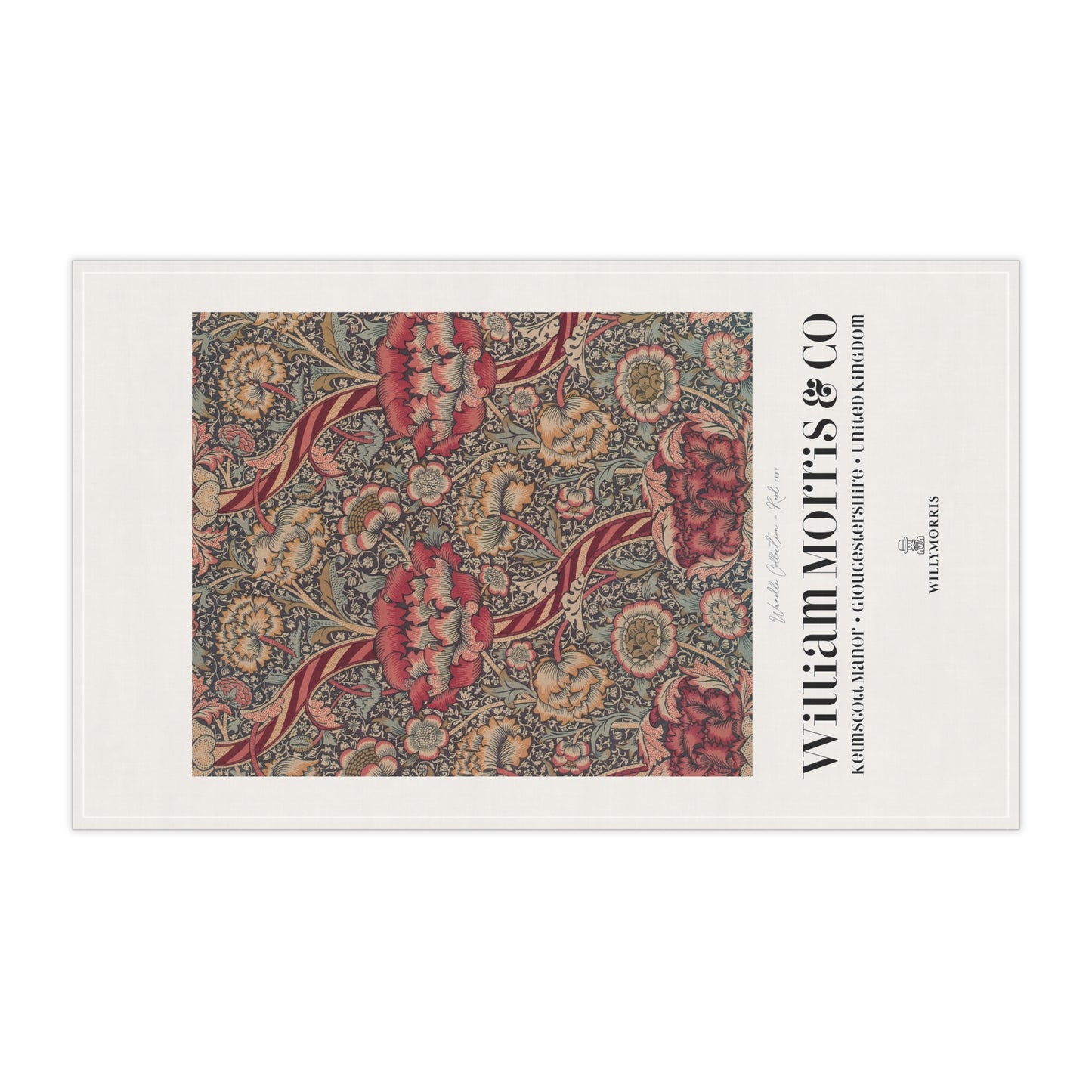 Decorative tea towel with floral pattern and 'William Morris & Co' branding on a white background