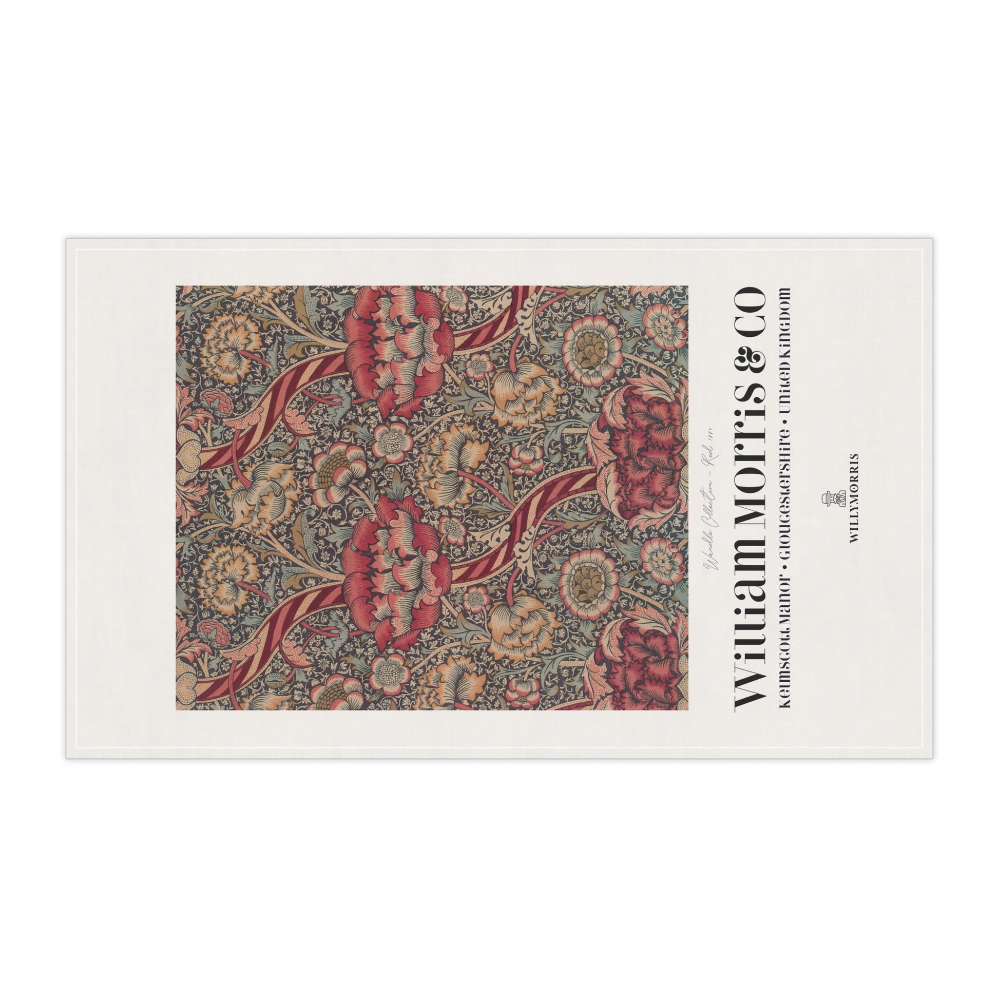 Decorative tea towel with floral pattern and 'William Morris & Co' branding on a white background