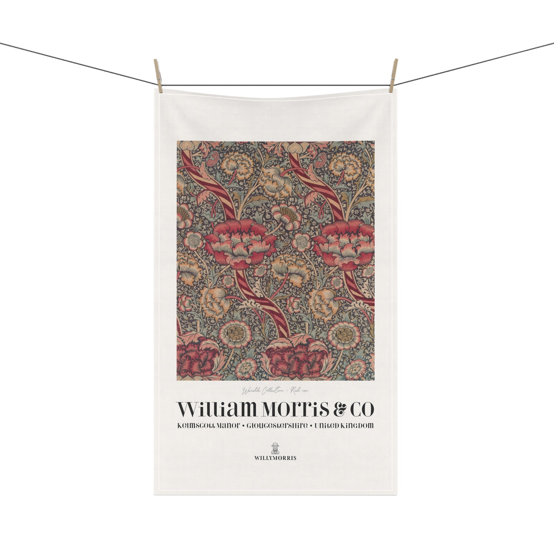 Tea towel with floral pattern and 'William Morris & Co' branding on a white background