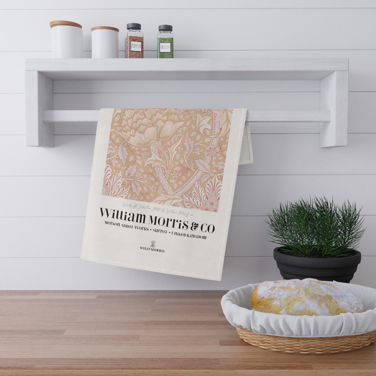 Kitchen Tea Towel designed by William Morris & Co in a orange floral pattern called Windrush Collection (Path) - Art Print on a Tea Towel