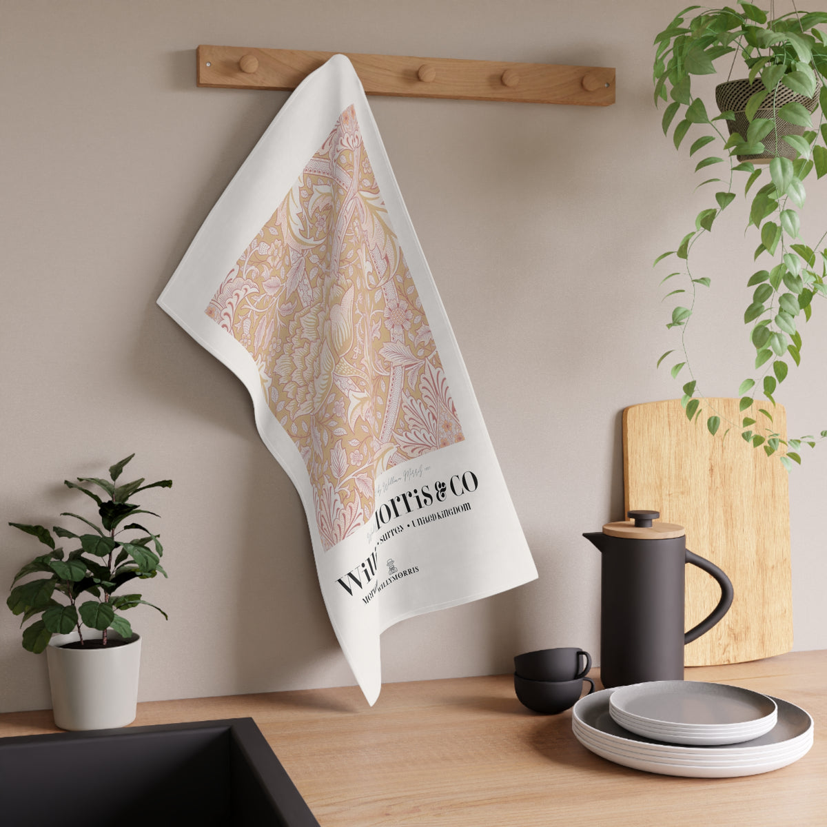 Kitchen Tea Towel designed by William Morris & Co in a orange floral pattern called Windrush Collection (Path) - Art Print on a Tea Towel