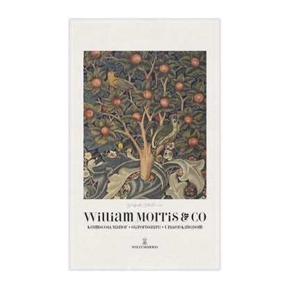 Decorative tea towel with a tree design and 'William Morris & Co' branding on a white background