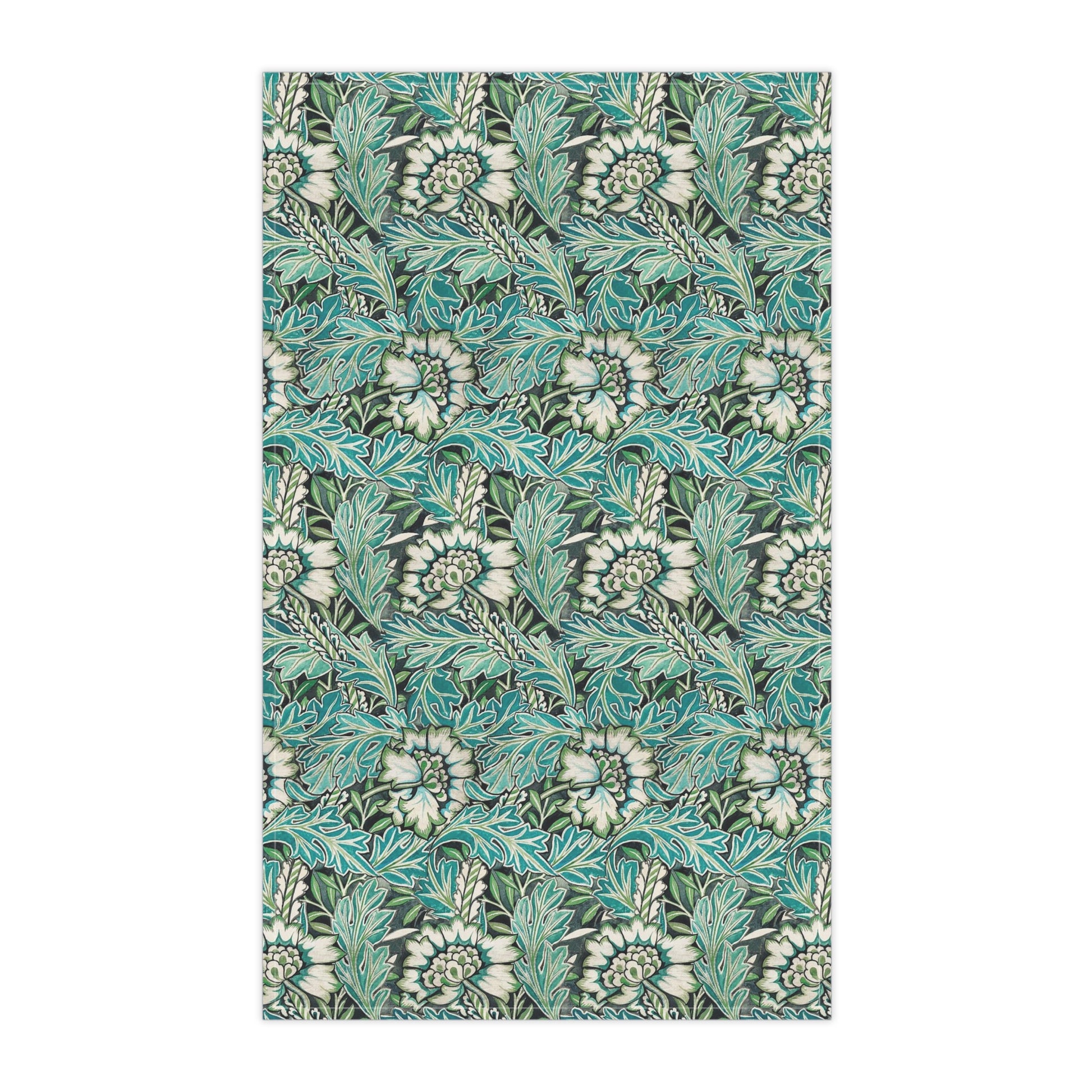 A kitchen tea towel with a floral pattern inspired by William Morris, in shades of blue, green, and white.