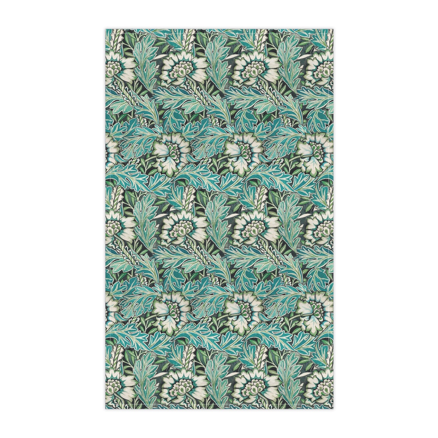 A kitchen tea towel with a floral pattern inspired by William Morris, in shades of blue, green, and white.