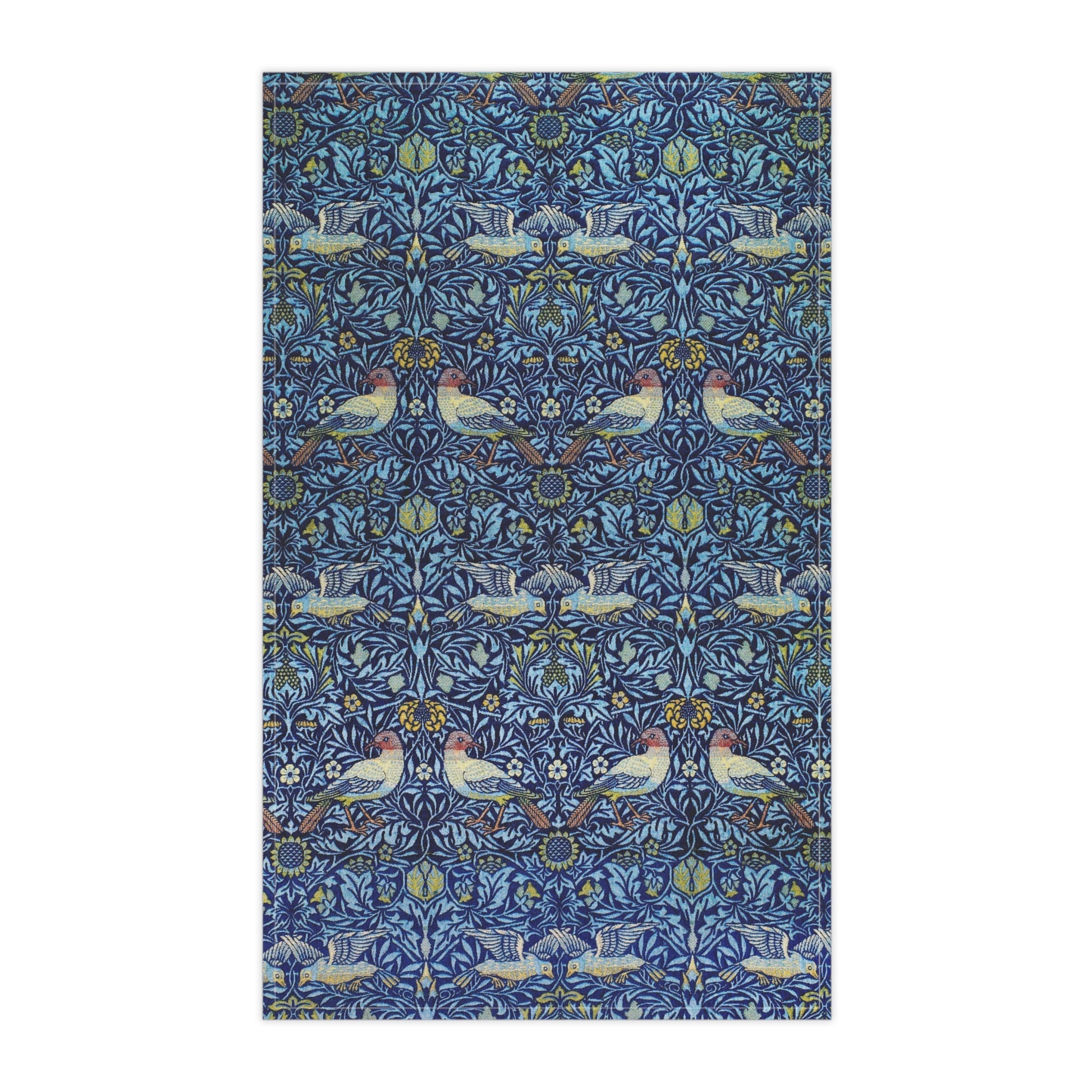 Patterned fabric with birds and floral designs on a blue background