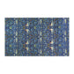 Decorative rug with a blue pattern featuring birds and floral elements on a white background