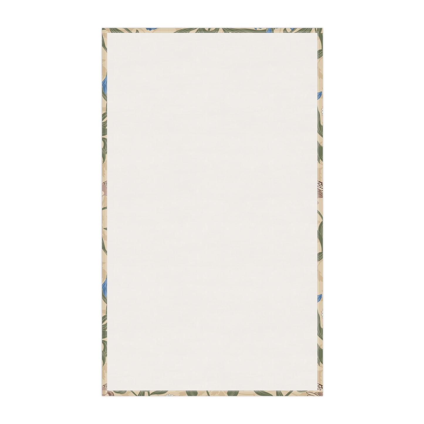 A kitchen tea towel with a William Morris & Co floral pattern featuring blue irises, birds, and a beige background.