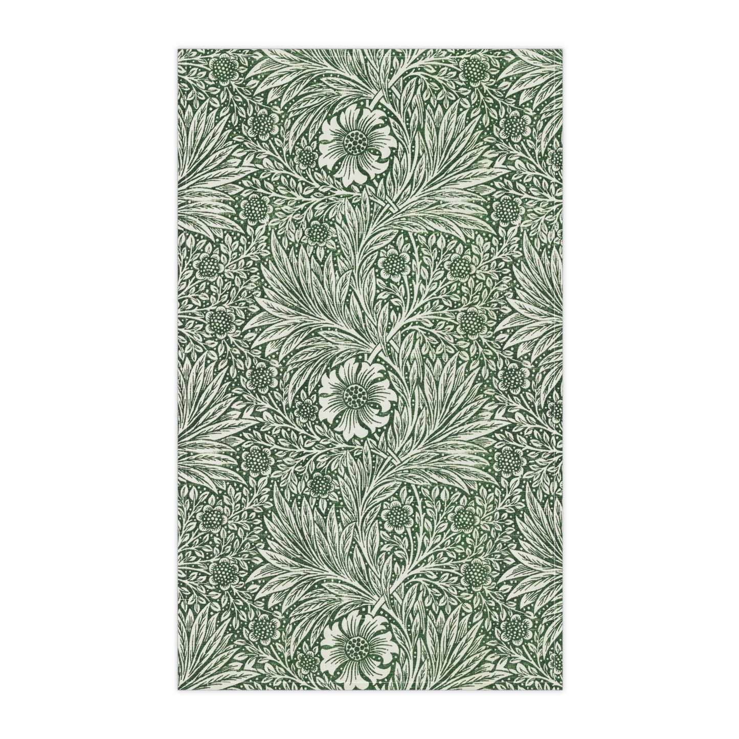 A kitchen tea towel with a green floral pattern inspired by William Morris & Co - Marigold Collection.