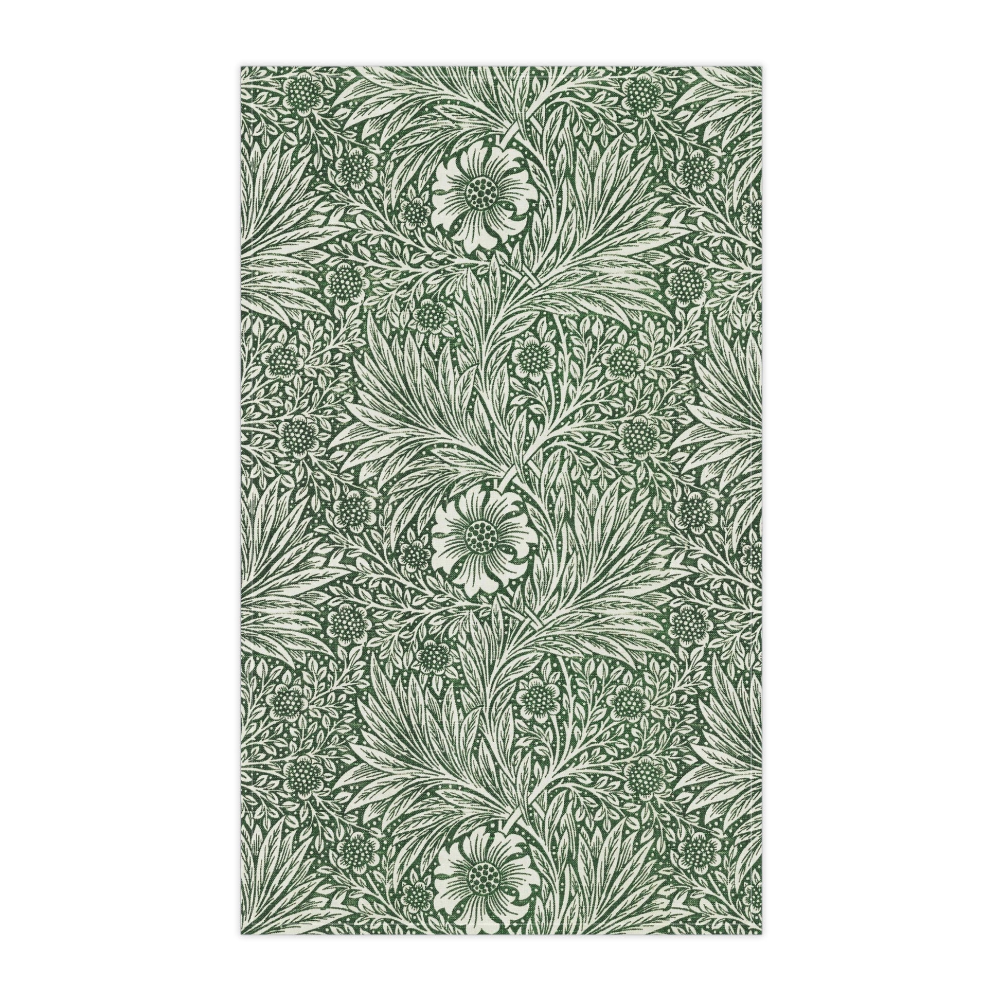 A kitchen tea towel with a green floral pattern inspired by William Morris & Co - Marigold Collection.