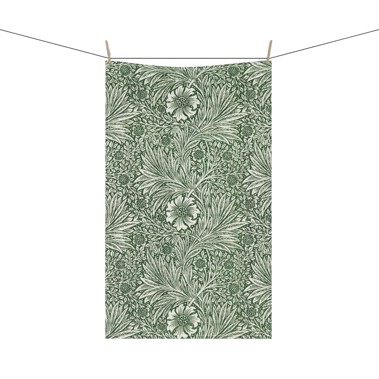 A kitchen tea towel with a green floral pattern inspired by William Morris & Co - Marigold Collection.