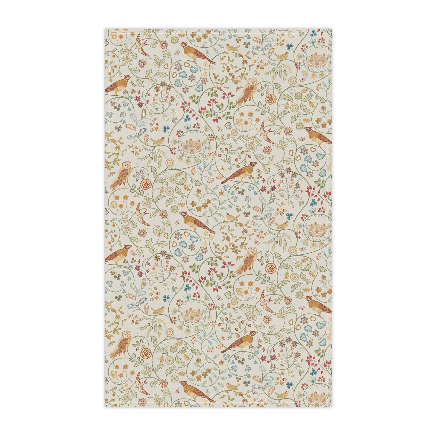 Decorative tea towel with floral and bird pattern on a white background