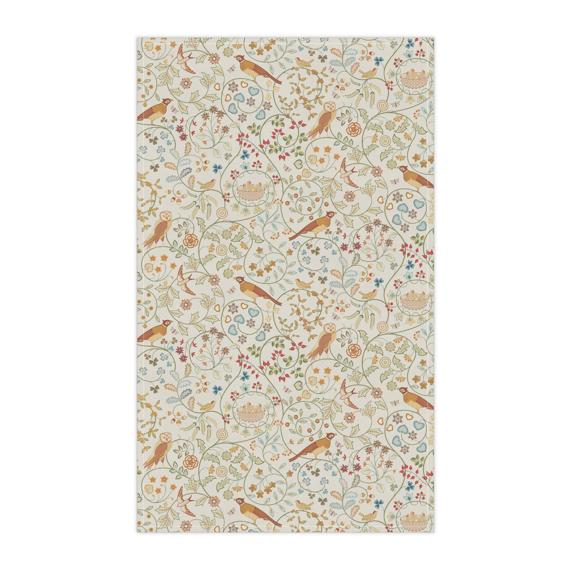 Decorative tea towel with floral and bird pattern on a white background