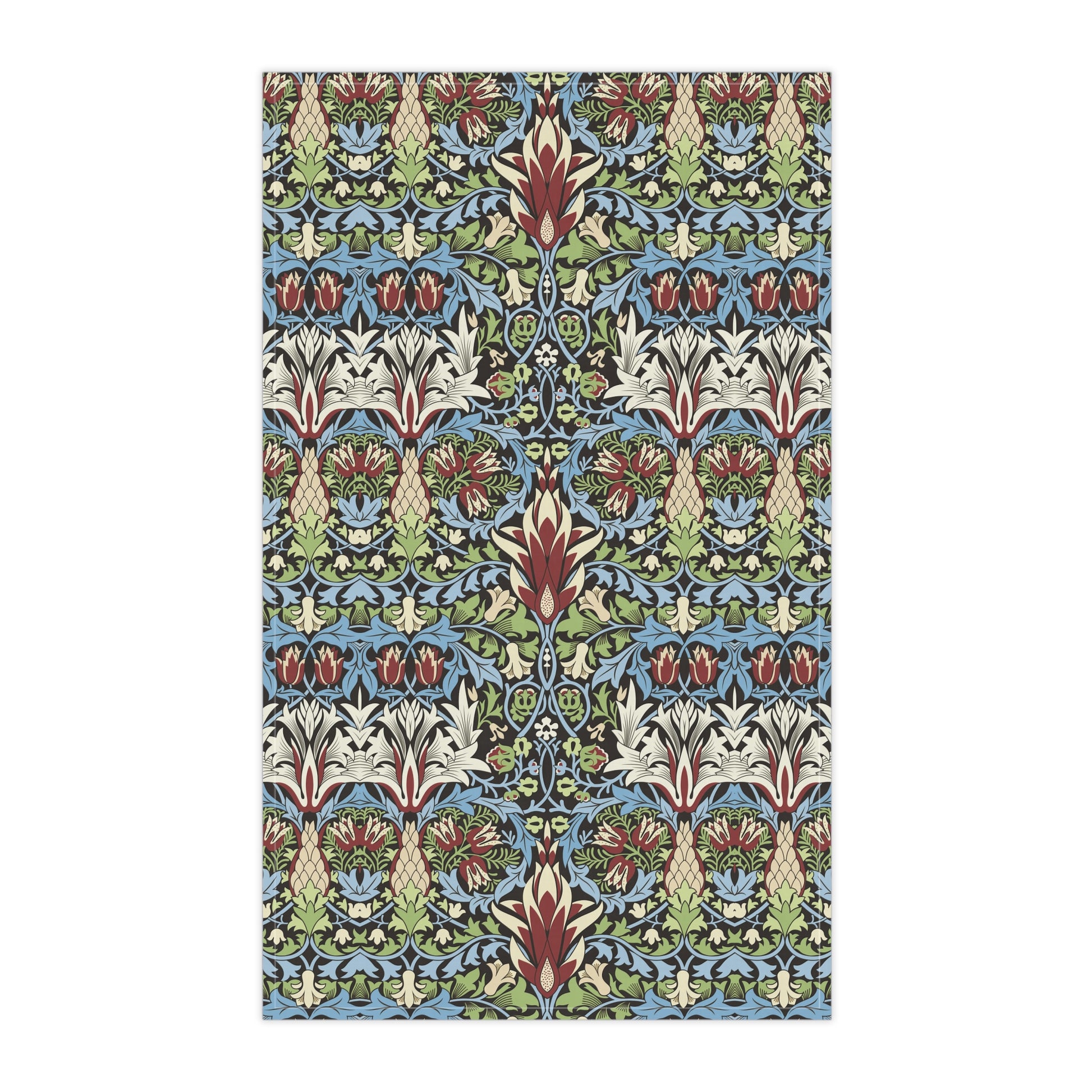 A kitchen tea towel with a floral and geometric pattern inspired by William Morris - Snakeshead Collection.