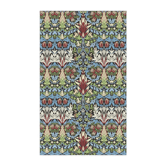 A kitchen tea towel with a floral and geometric pattern inspired by William Morris - Snakeshead Collection.