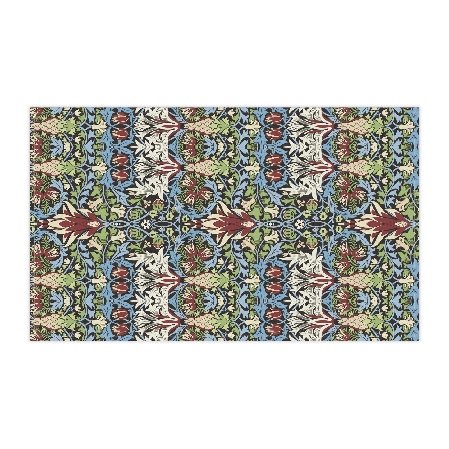 A kitchen tea towel with a floral and geometric pattern inspired by William Morris - Snakeshead Collection.
