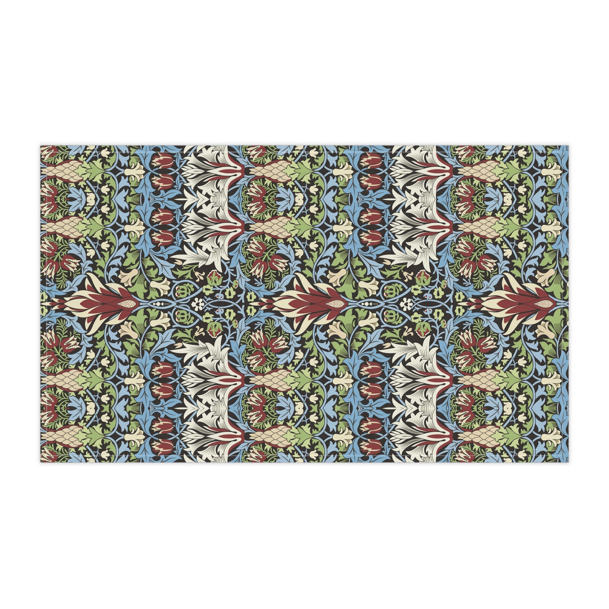 A kitchen tea towel with a floral and geometric pattern inspired by William Morris - Snakeshead Collection.