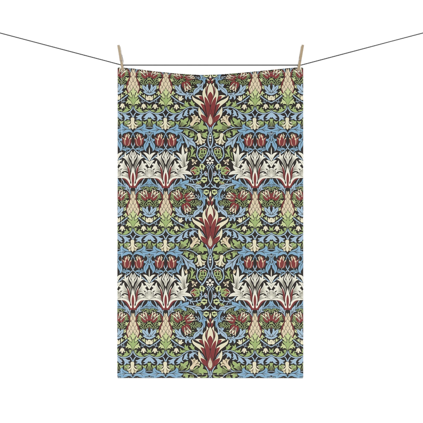 A kitchen tea towel with a floral and geometric pattern inspired by William Morris - Snakeshead Collection.