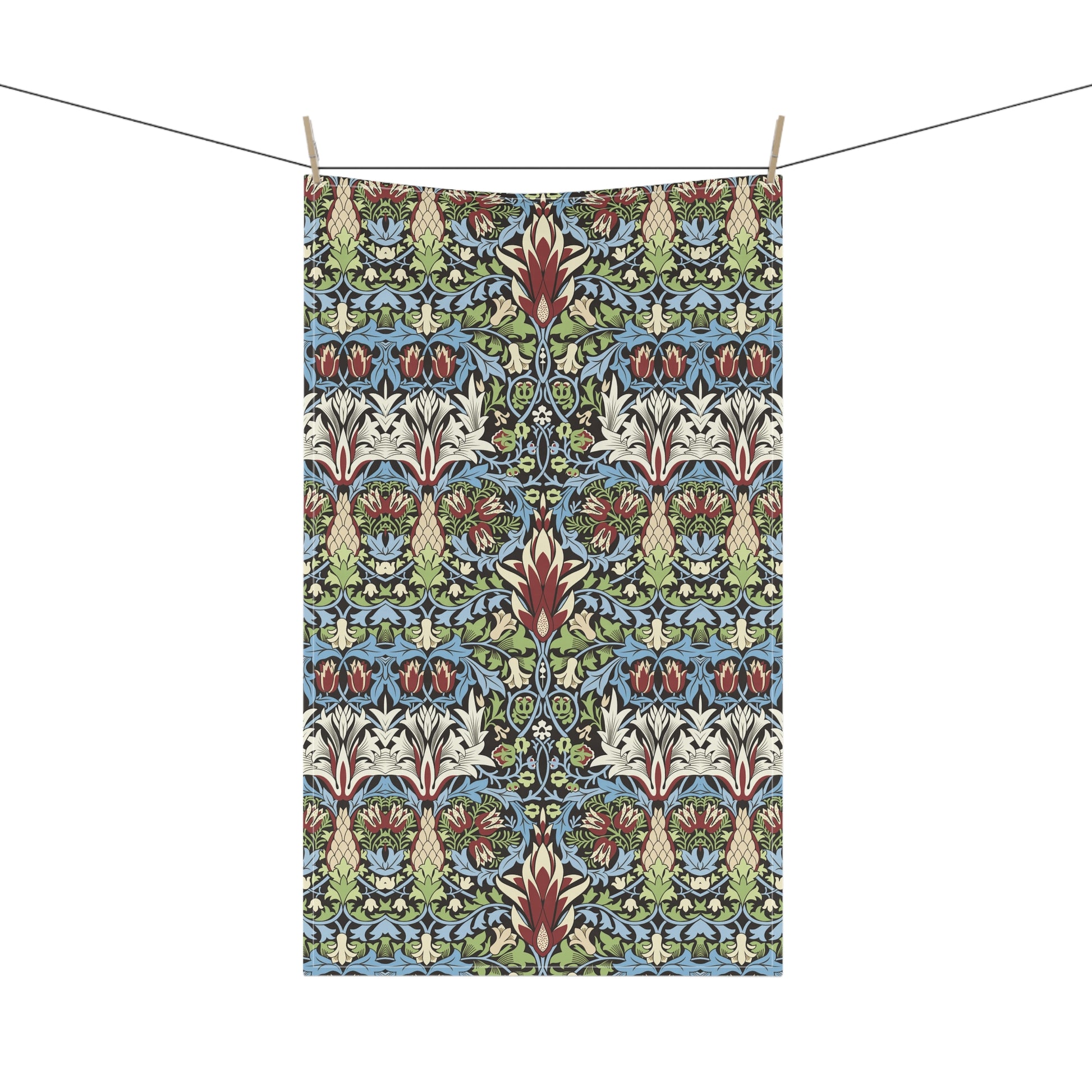 A kitchen tea towel with a floral and geometric pattern inspired by William Morris - Snakeshead Collection.