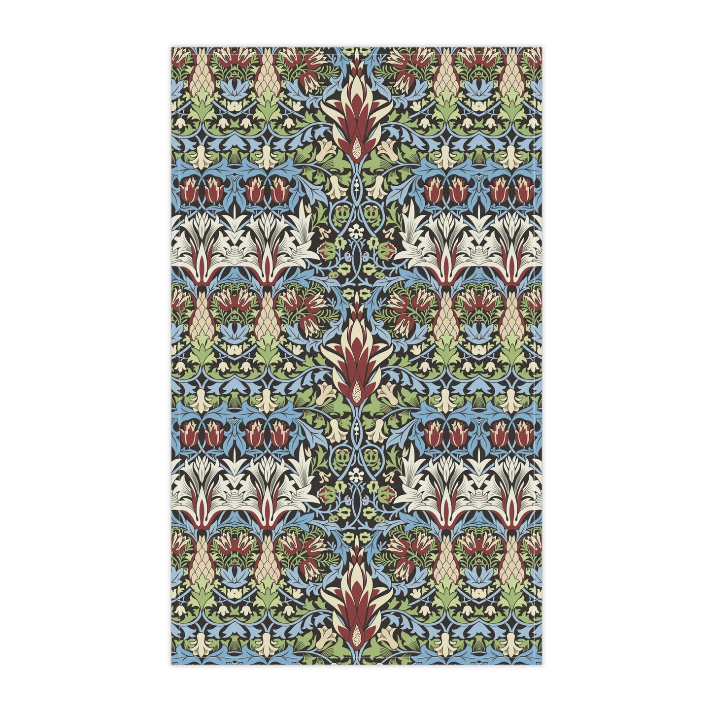 A kitchen tea towel with a floral and geometric pattern inspired by William Morris - Snakeshead Collection.