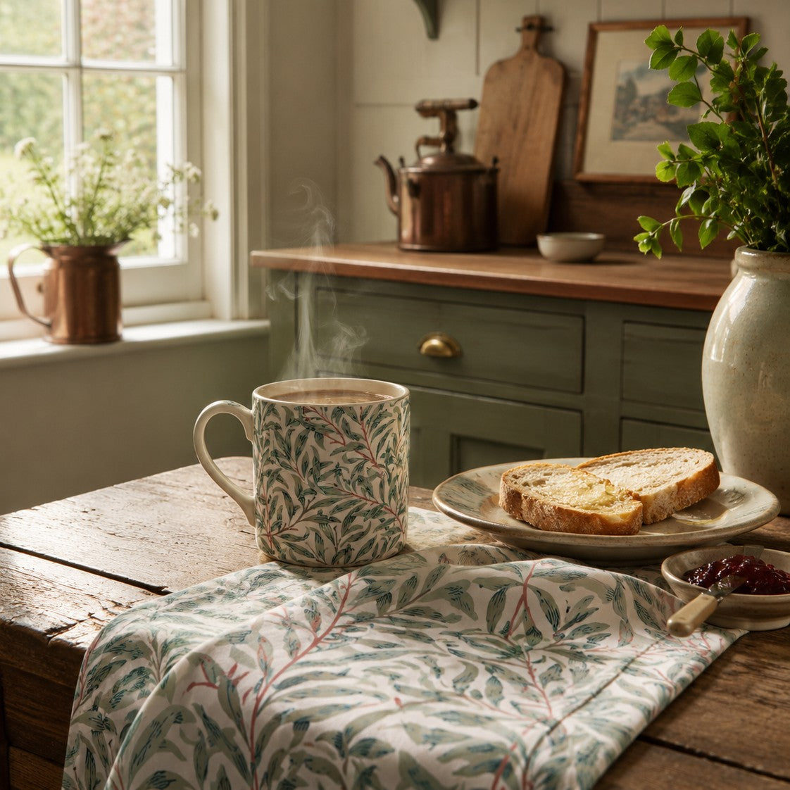 A ceramic mug with a green and pink botanical leaf pattern sits on a rustic wooden table next to a plate of toast and a matching patterned table runner. The scene is set in a cozy kitchen with a green cabinet, copper kettle, and a window in the background.