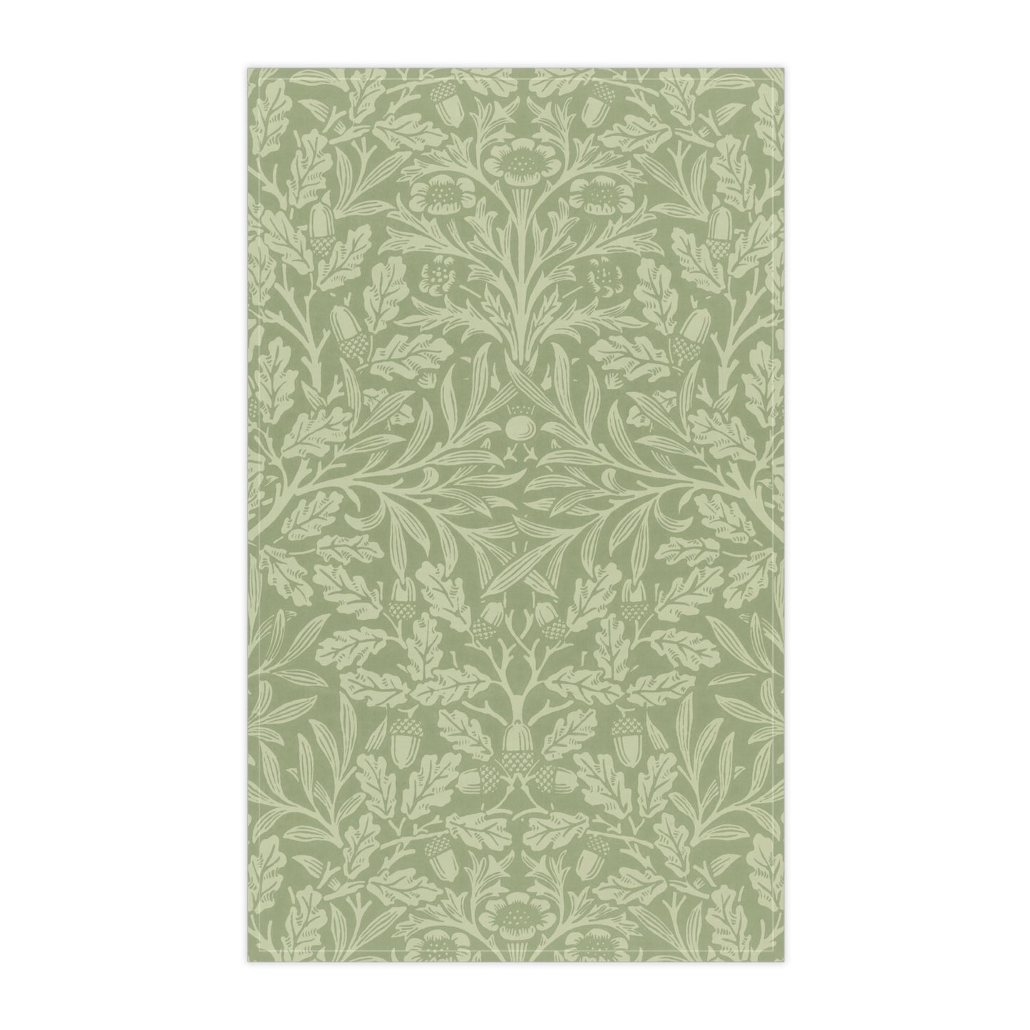 A green kitchen tea towel with a floral and leaf pattern inspired by William Morris & Co - Acorn and Oak Leaves Collection.
