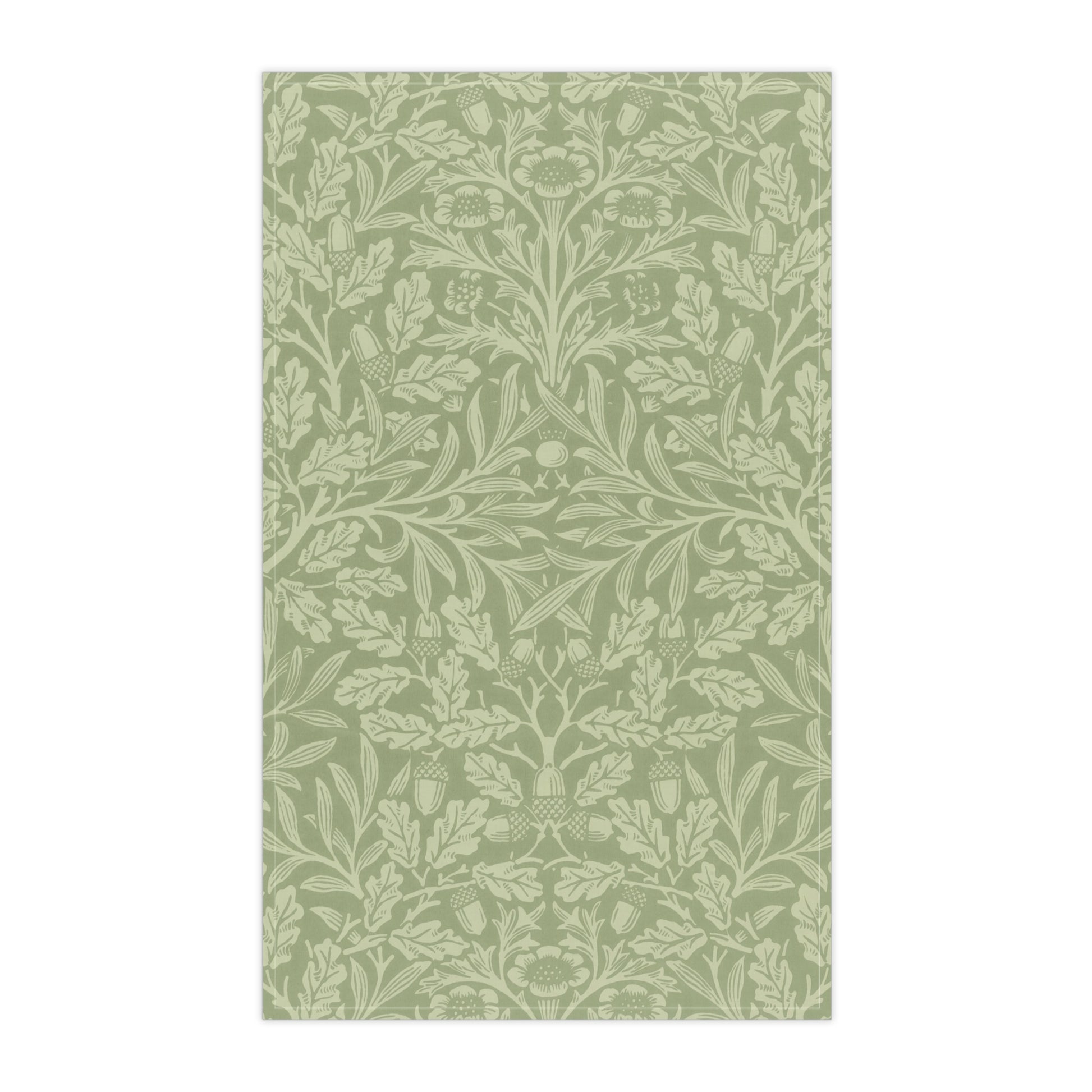 A green kitchen tea towel with a floral and leaf pattern inspired by William Morris & Co - Acorn and Oak Leaves Collection.